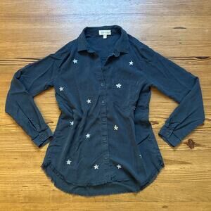 Cloth & Stone blue silver star plunge neckline button long sleeve shirt SIZE S
